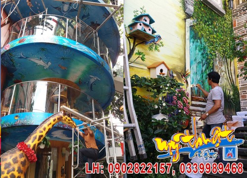 Vẽ tranh tường tranh 3D nghệ thuật, Ca phê sân vườn City Garden Cafe, số 9 Trương Công Định, Q. Tân Bình