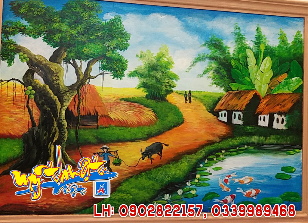 Vẽ Tranh Tường 3D Nghệ Thuật, Tranh phong thủy làng quê. tranh phong cảnh.